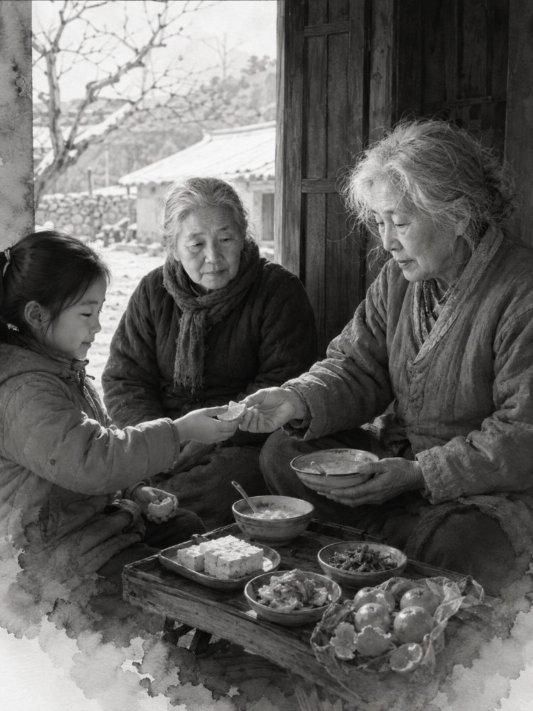 이 할머니와 서윤이가 귤 한 조각을 주고받는 모습