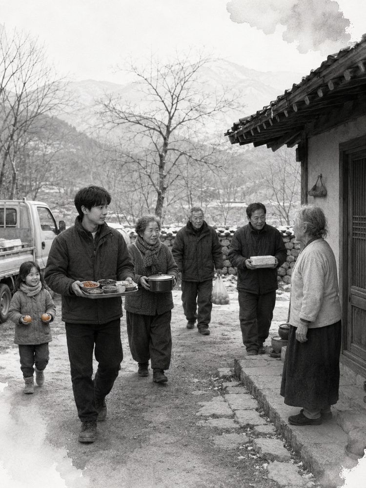 죽과 반찬과 귤을 들고 이 할머니 집을 찾은 이웃들
