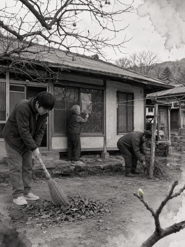 빈집 마당의 낙엽과 마른 가지를 조용히 정리하는 사람들