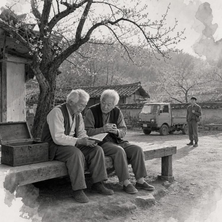 감나무 아래 평상에서 오래된 일기장을 펼쳐 보는 봉수와 정 영감