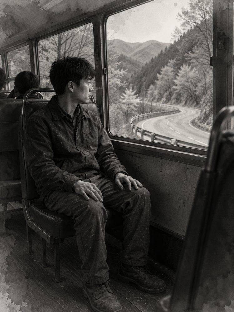 버스 창가에 앉아 익숙한 산길을 바라보는 진우