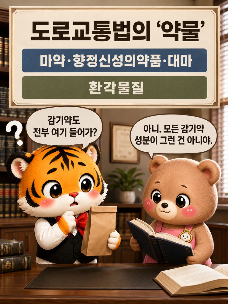 도로교통법에서 말하는 약물의 범위를 설명하는 범이와 웅녀