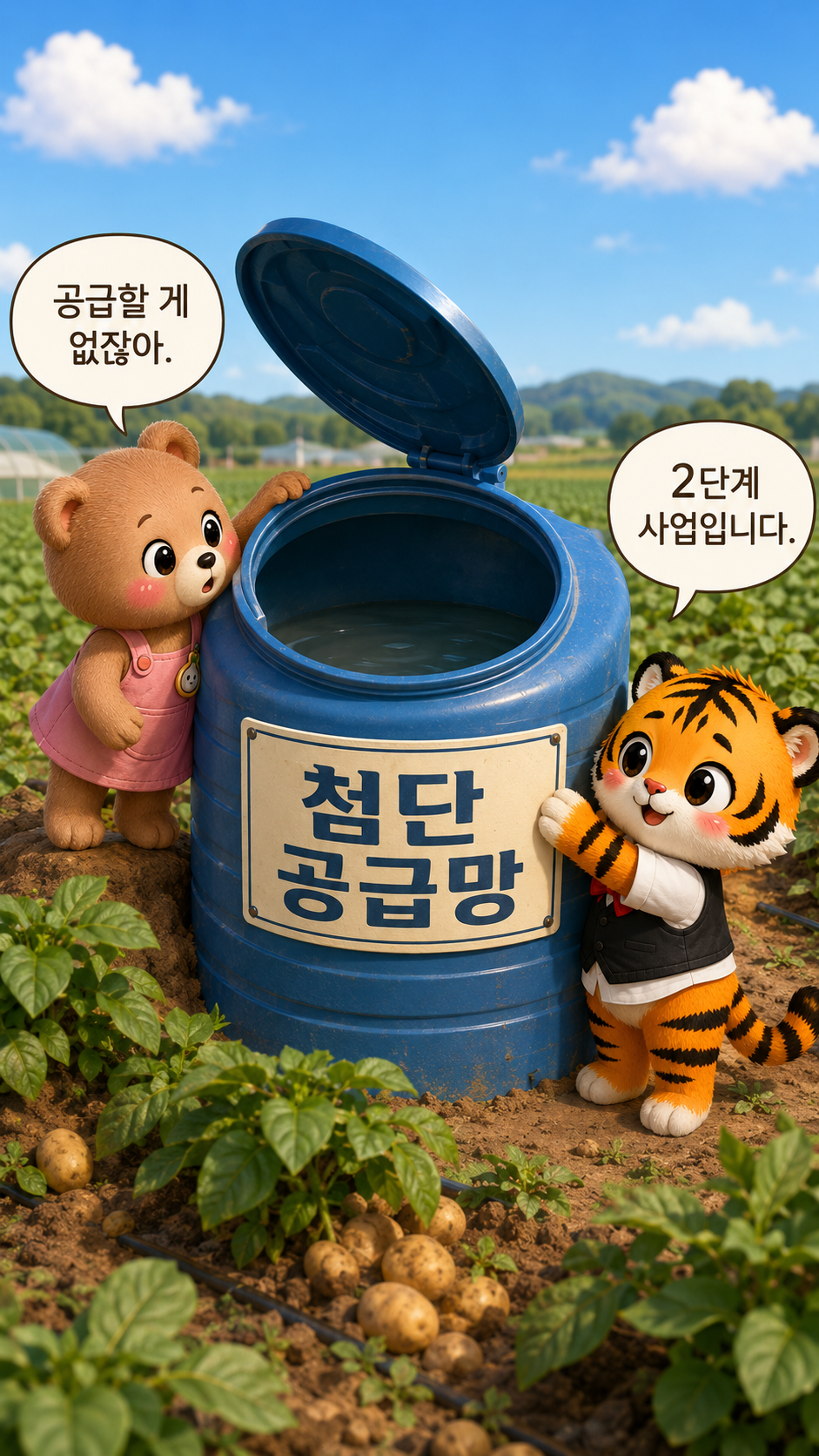 물이 거의 없는 물탱크에 첨단 공급망 팻말을 붙인 범이