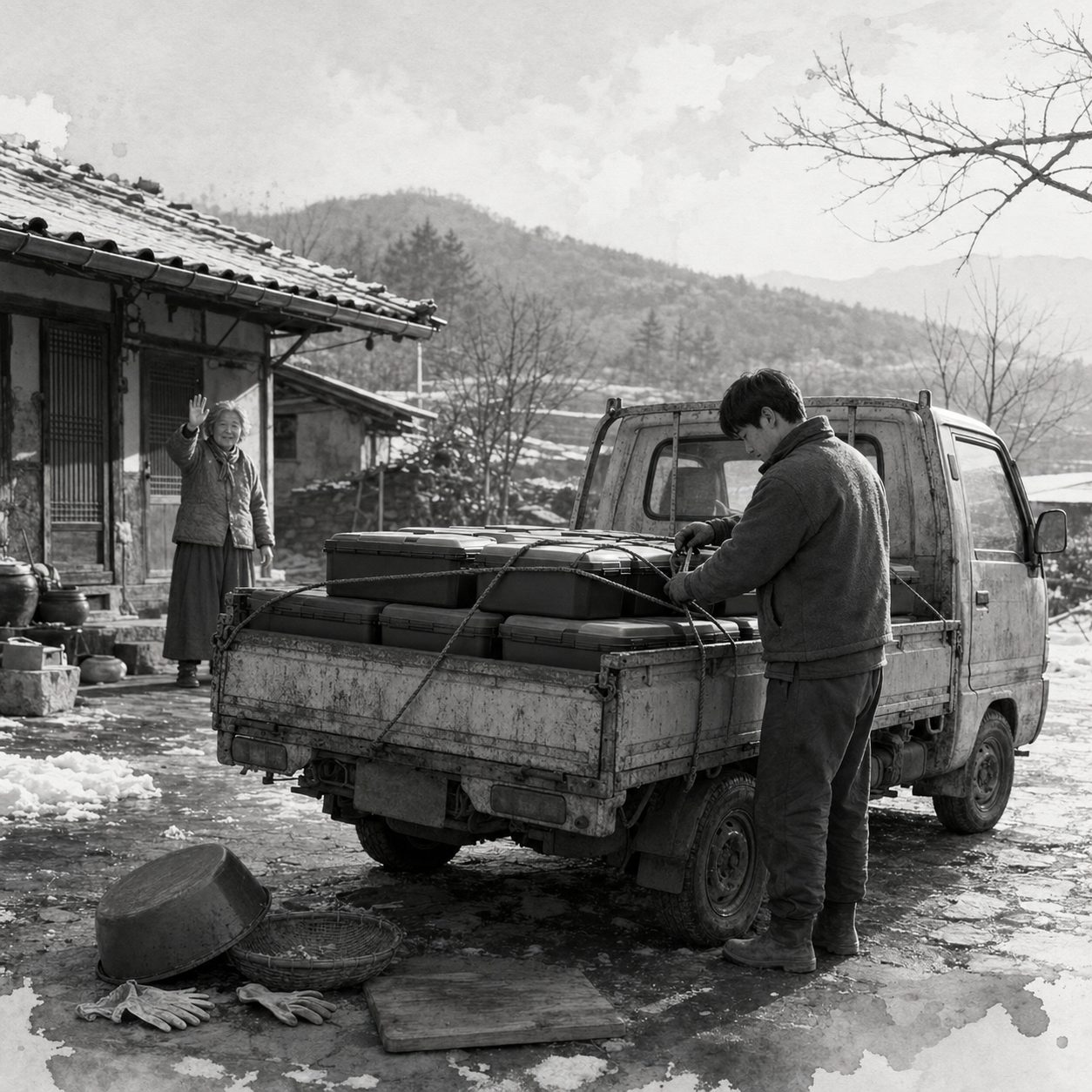 김치 통을 가득 실은 희망호와 손을 흔드는 박 할머니