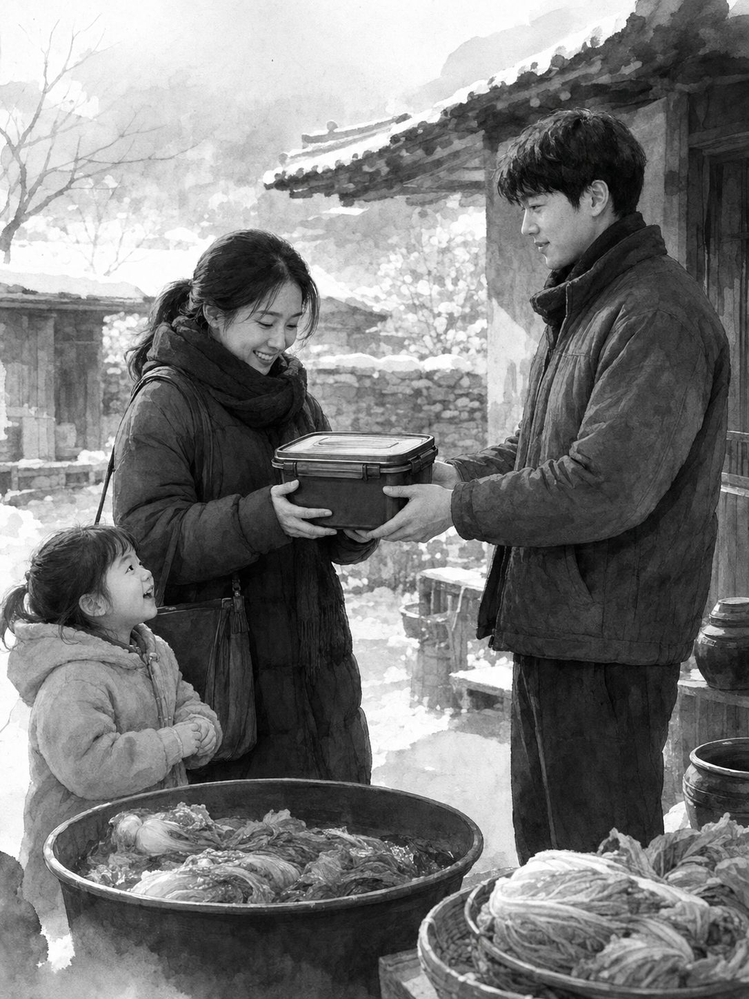 젊은 엄마와 아이에게 김치 통을 건네는 진우