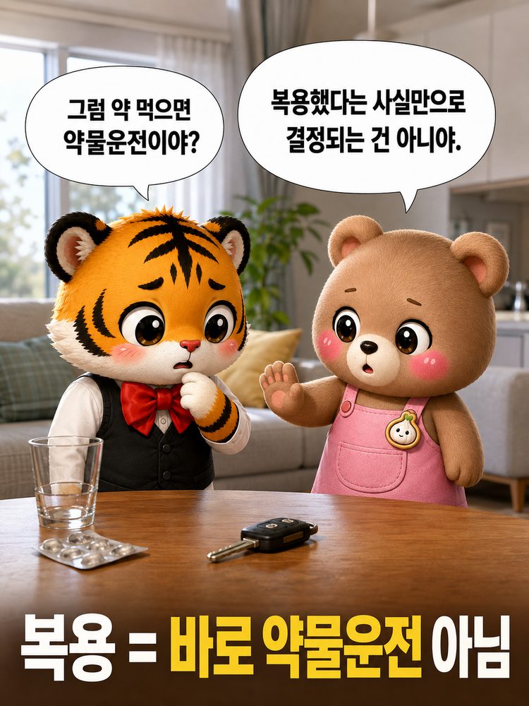 약을 복용한 사실만으로 약물운전이 결정되는 것은 아니라고 설명하는 장면