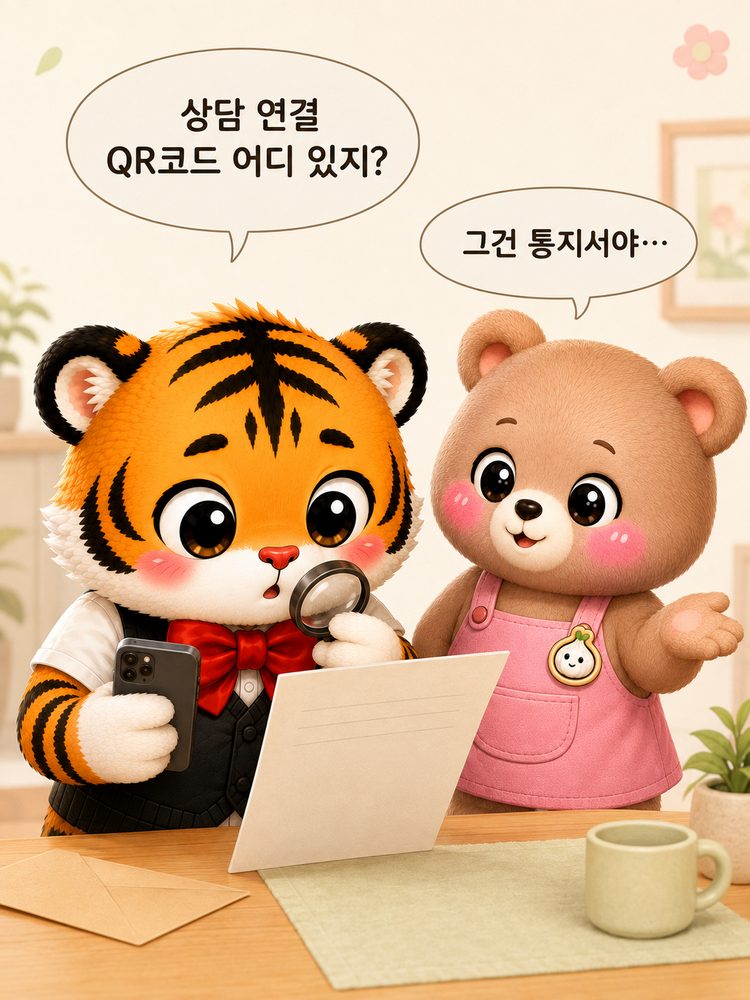 범이가 선정 통지서에서 상담 연결 QR코드를 찾는 장면