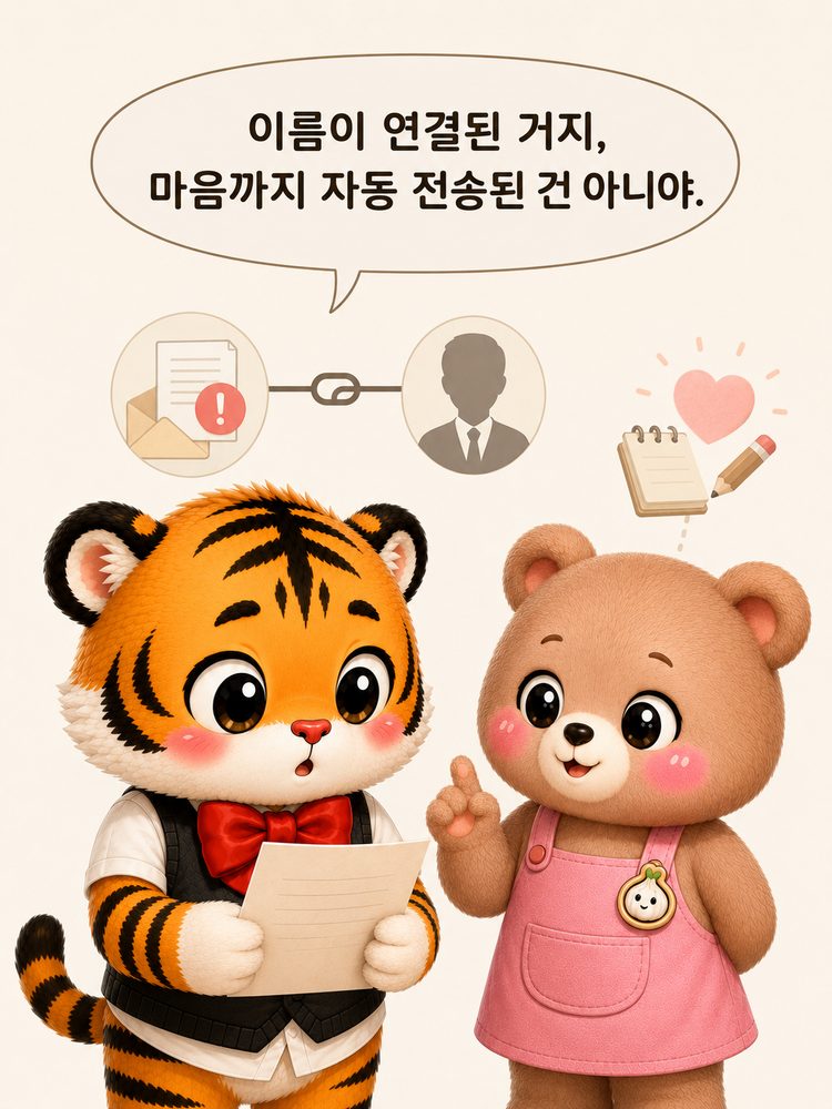 웅녀가 이름만 연결됐지 마음까지 자동 전송된 것은 아니라고 설명하는 장면