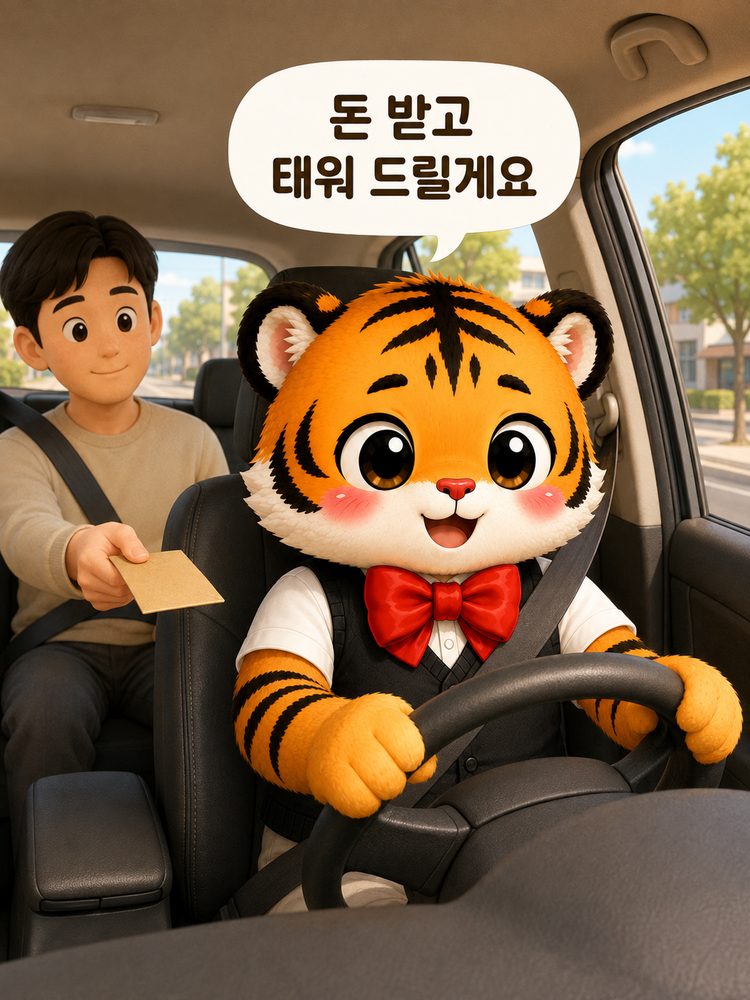 범이가 자가용으로 돈을 받고 승객을 태우는 장면