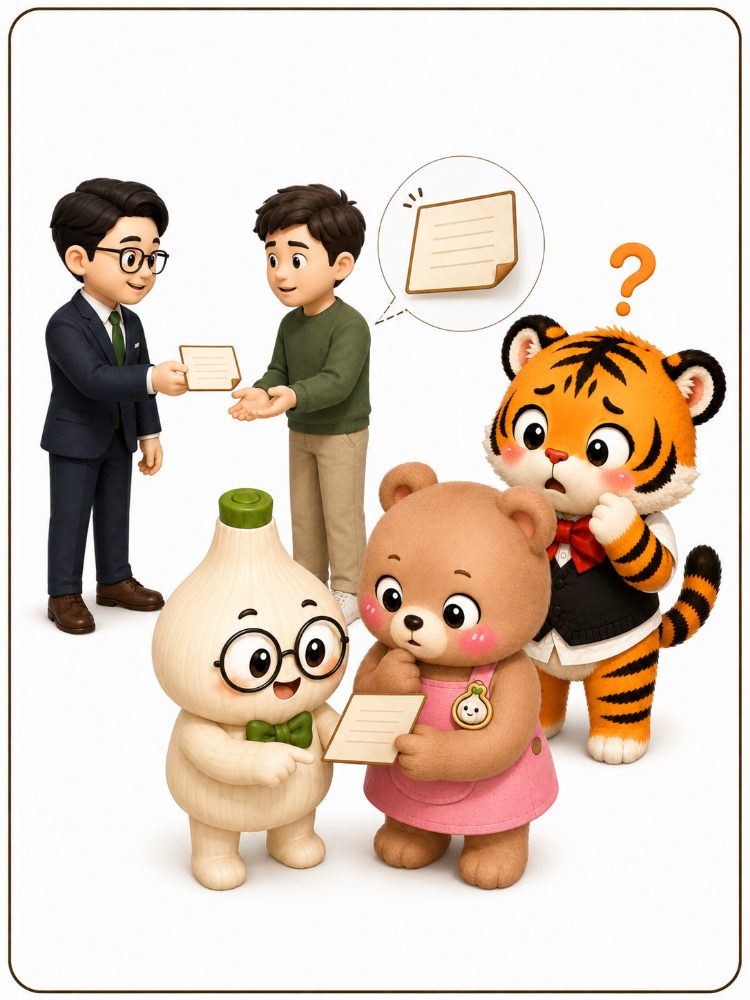 새 건물주가 계약서를 건네고 범이 웅녀 마르가 궁금해하는 모습