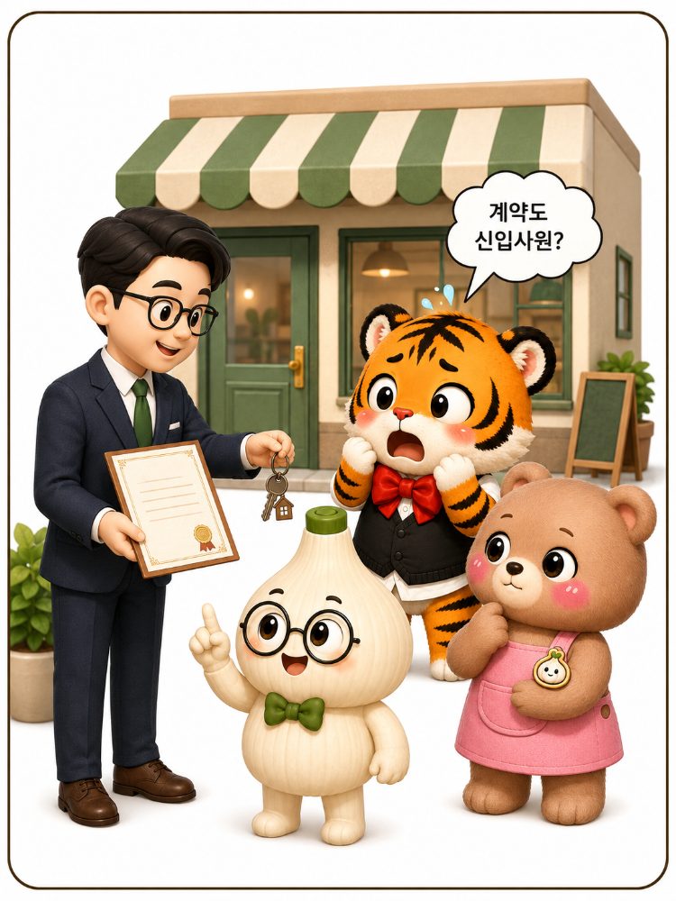 새 건물주가 계약서와 열쇠를 건네는 모습
